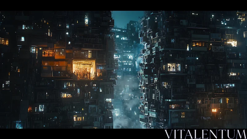 Crowded megastructures glow through dense neon night haze.