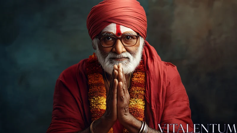 Elderly Hindu guru in namaste pose under soft key lighting