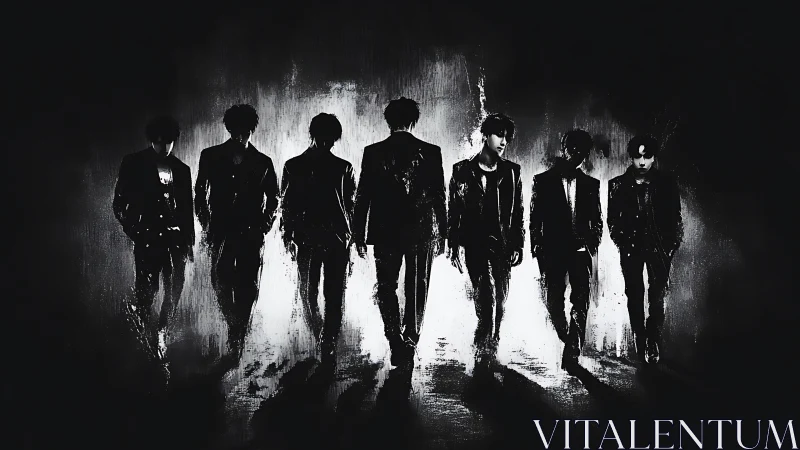 Seven suited male silhouettes walk in high contrast shadows