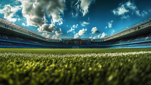 Empty football stadium with low angle field and sky view.