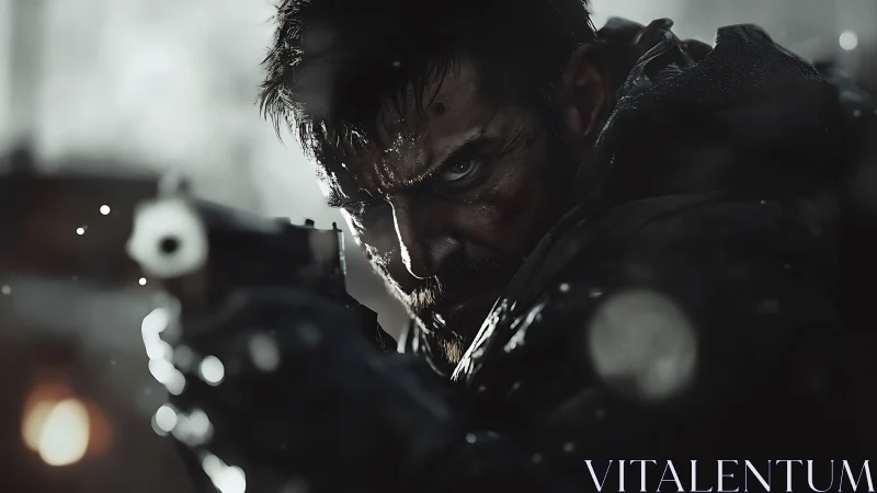 Cinematic close-up of armed man in rain-soaked low key lighting.