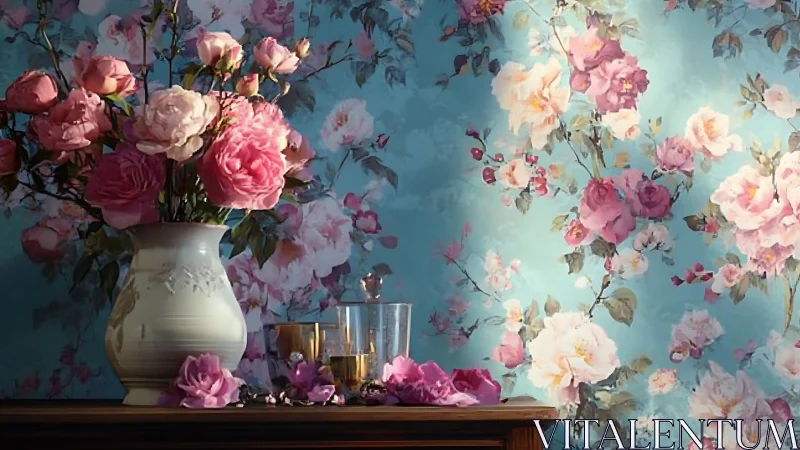 Pink roses displayed in white ceramic vase against blue floral wallpaper.