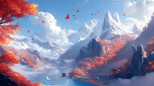 Snow peaks rise over crimson forest valley by clear lake