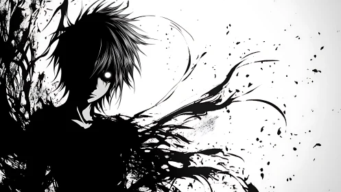 Inkborn shadow child erupts into splintered monochrome night