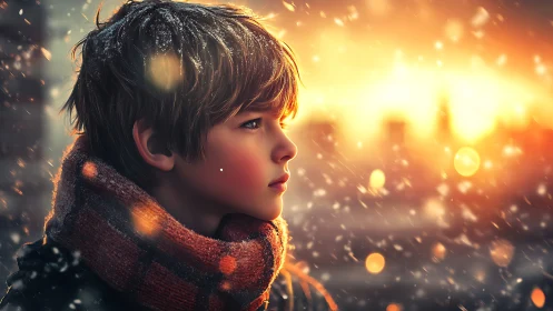 Young Child Gazing Into Golden Bokeh Light.