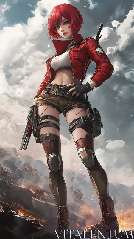 Red haired anime sniper stands over burning wasteland.