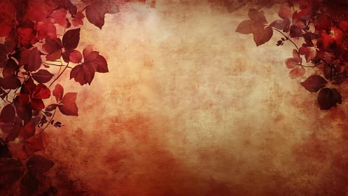 Red foliage frame on textured beige background surface.