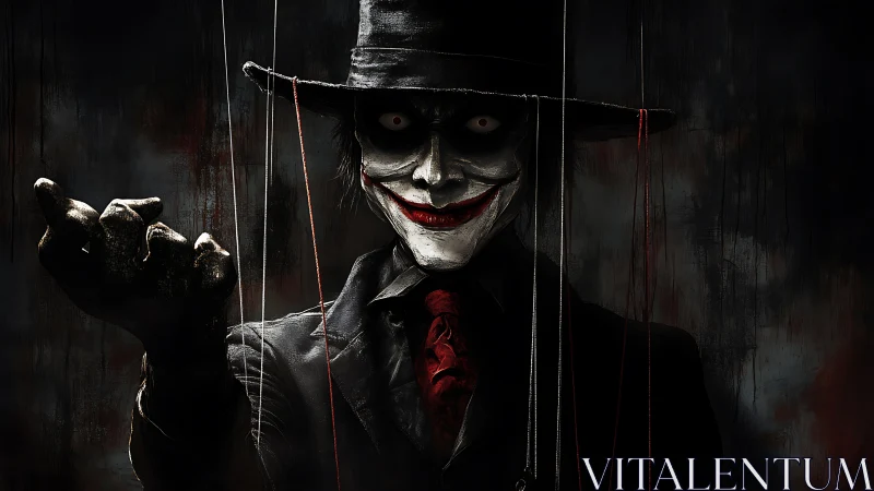Eerie puppet master in a shadowy, theatrical spotlight.