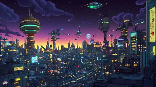 Dense neon megacity skyline under twilight with layered traffic lanes