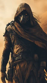 Hooded wasteland warrior in respirator stalks a sandstorm