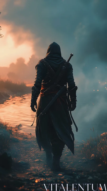 Lone hooded wanderer strides through emberlit river mist.