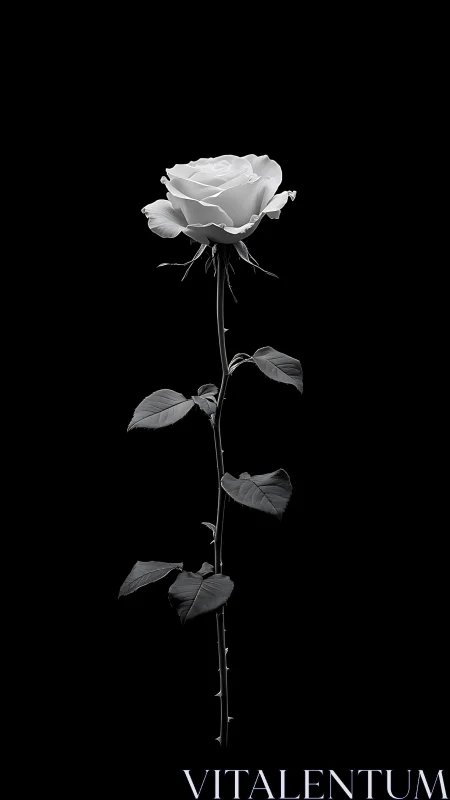 Monochrome long-stem rose isolated on deep black negative space