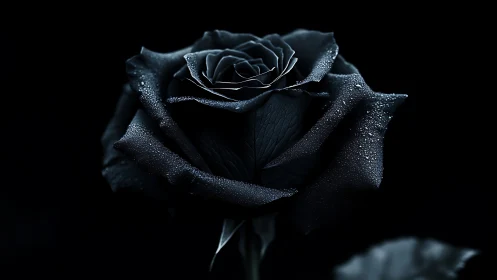 Glistening black rose stands in dramatic low-key darkness.