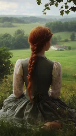Red-haired girl in pastoral dress overlooking quiet valley.