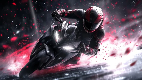 Motorcycle rider leans into a wet track turn at high speed