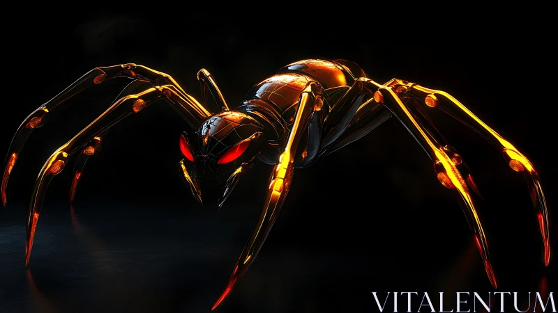 Molten metal spider glows in sleek futuristic darkness.
