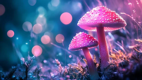 Bioluminescent fly agaric mushrooms glow in neon forest bokeh