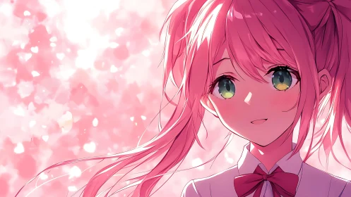 Smiling pink haired anime girl in a dreamy heartlit glow.