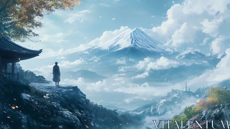 Solitary monk gazing toward snowcapped mountain panorama.