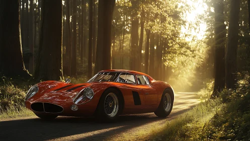 Red classic sports car parked on sunlit forest road.
