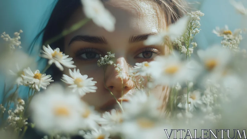 Woman's face surrounded by delicate white daisies in dreamy bokeh