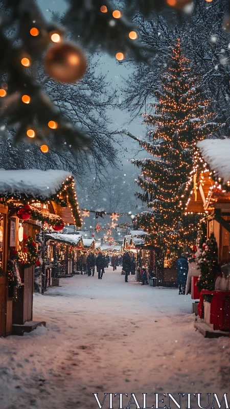 Snowy outdoor Christmas market with lights and stalls.