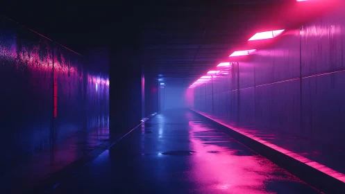 Neon-soaked urban tunnel under vivid magenta lights.