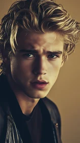 Close portrait of young man with intense direct gaze.