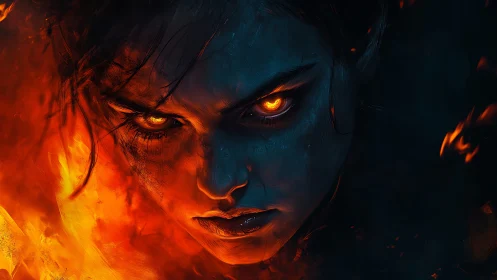 Digital portrait presents central face with contrasting fire and shadow