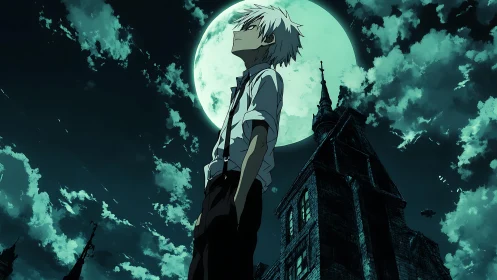 Nocturnal anime silhouette under lunar backlight perspective.