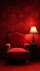Velvet red armchair beside lamp in moody patterned parlor.