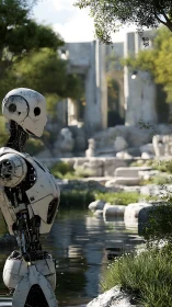 Curious white robot wandering through serene ancient ruins.