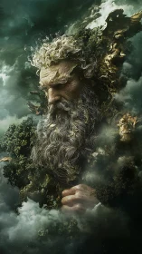 Ancient forest titan emerges from swirling storm clouds.