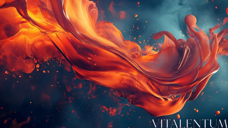 Molten orange fluid ribbon arcs through deep teal void.