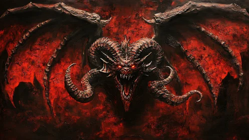 Fiery horned dragon emerges from crimson shadows in rage.