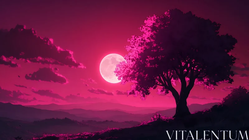 Moonlit cherry silhouette drinks deep from neon dusk