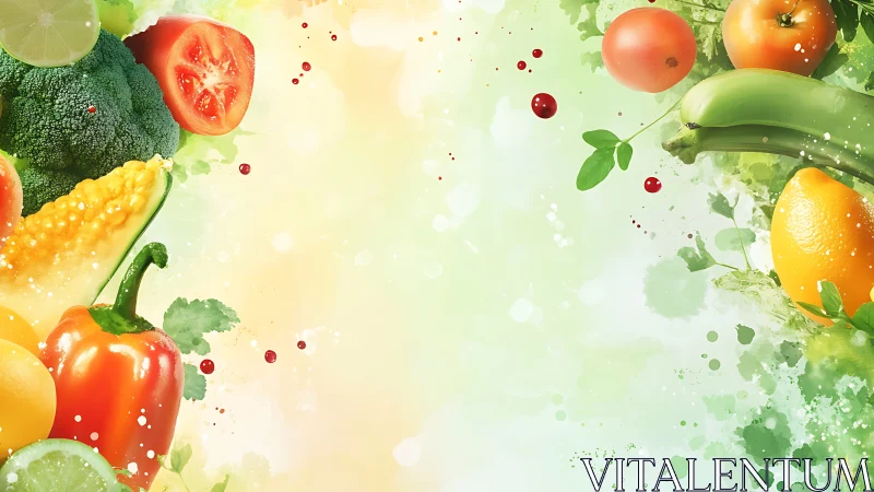 Watercolor produce border with vibrant negative space layout.
