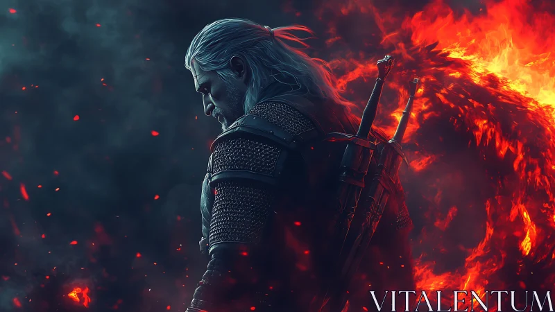 White-haired warrior strides through swirling inferno. Firestorm.