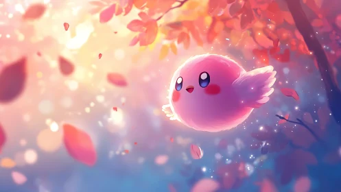 Gentle pink puffball soars through glowing autumn dreams.