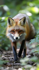 Red fox walks through soft green forest bokeh light.