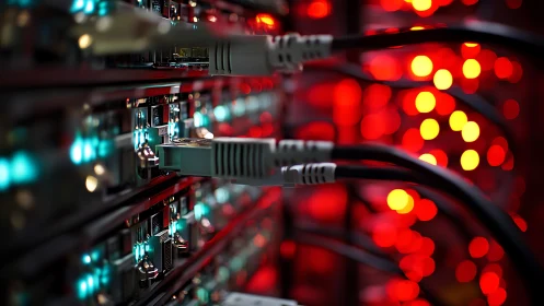 Network cables connect to server ports with bright status lights.