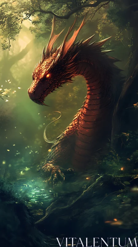 Ember-scaled forest dragon emerging through mystic light.