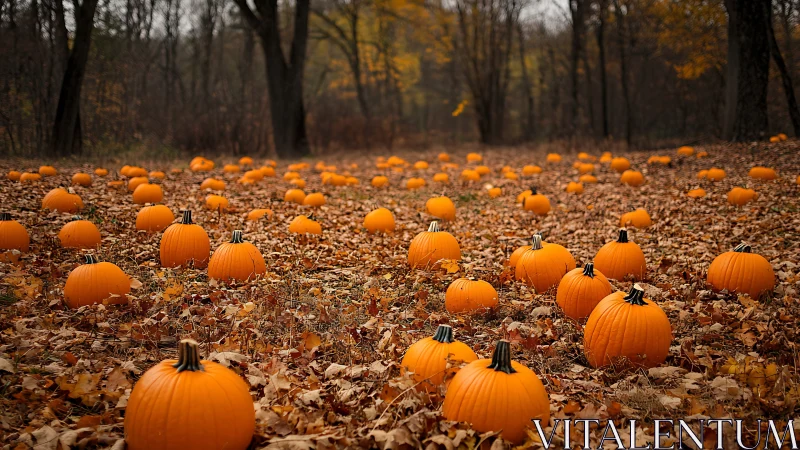 Autumn woodland field densely arrayed with bright orange pumpkins.