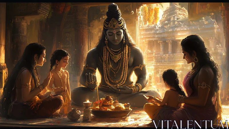 Divine family tableau renders Shiva in warm temple chiaroscuro