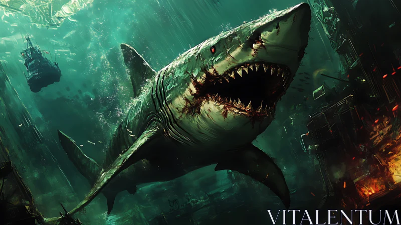 Colossal deep sea shark surging through a flooded cityscape.