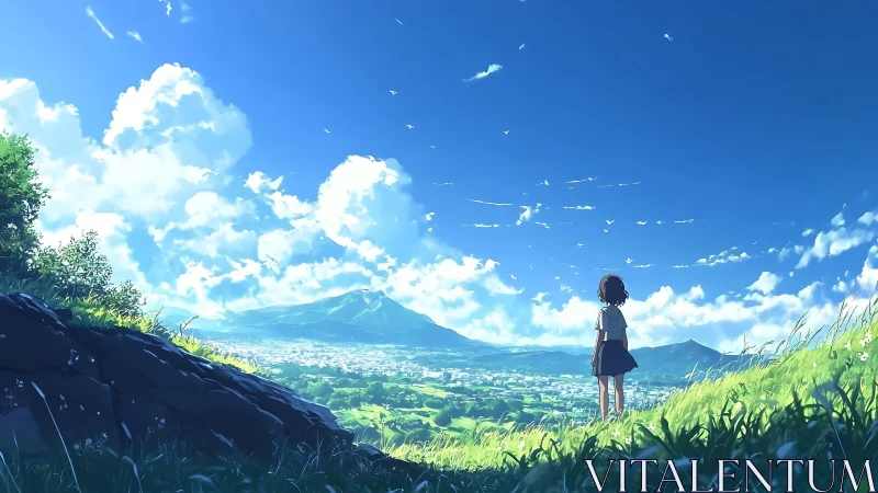 Anime hillside vista with expansive sky and distant townscape.