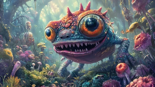 Bioluminescent monster lizard stalks psychedelic forest floor.