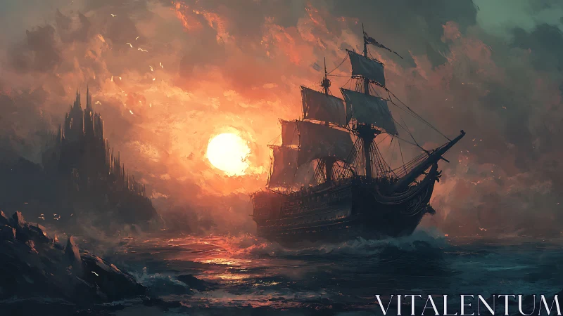 Sunlit sailing ship drifting toward a misty, distant shore.