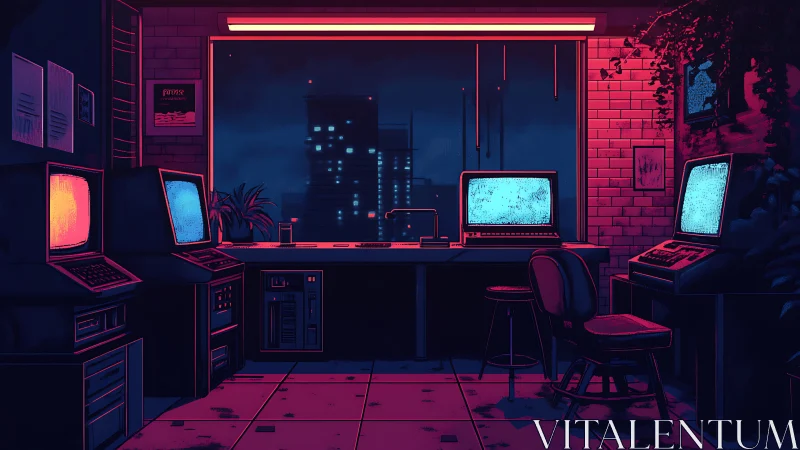 Neon lit retro computer lab facing a moody night city.