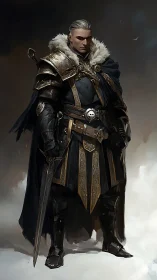 Armored knight in fur-trimmed cloak rendered as moody concept art